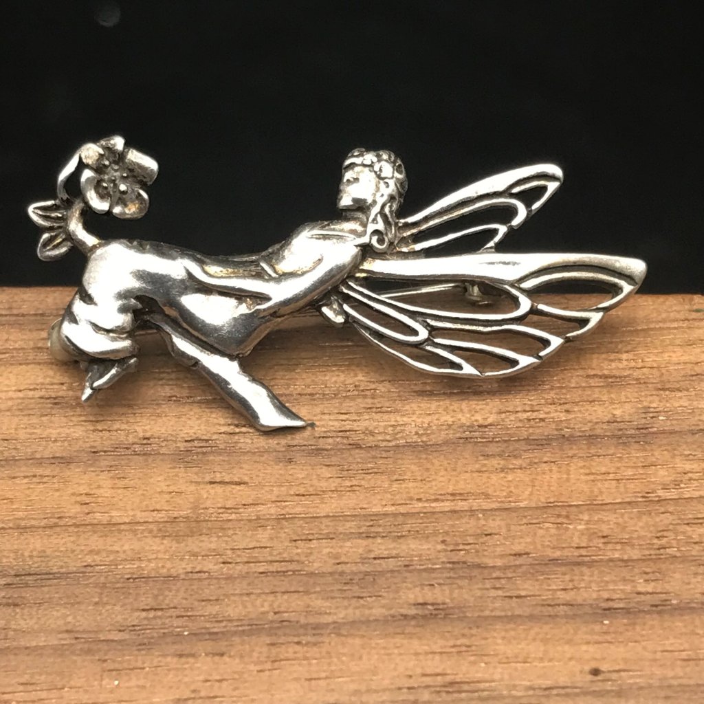 Vintage Jezlaine Sterling Fairy Brooch, Elegant 925 Silver Pin Of Pixie And Flow